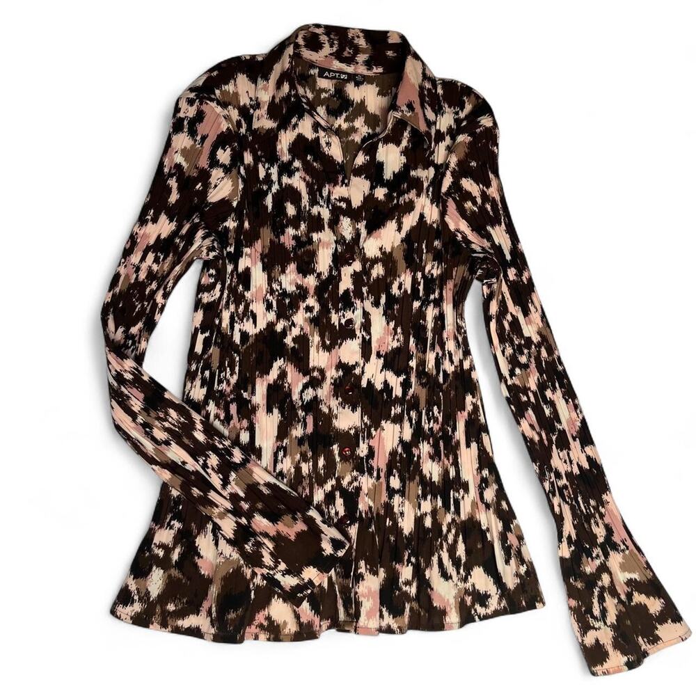 Apt. 9 brown, beige and pink 90s abstract print long sleeve blouse.
